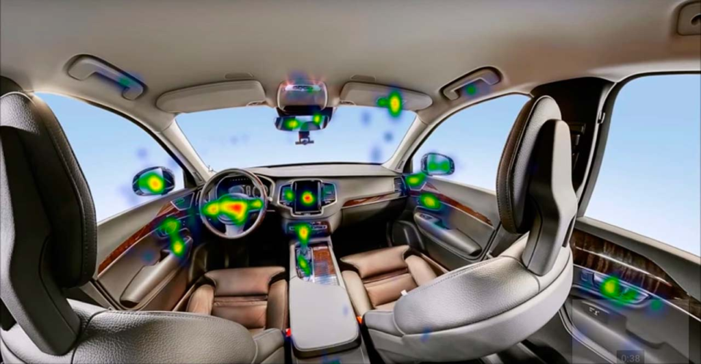 Visualisation en réalité virtuelle d'un intérieur de voiture pour montrer avec le suivi oculaire les points chauds d'attentions des utilisateurs du casque dans un souci de découverte produit et marketing.