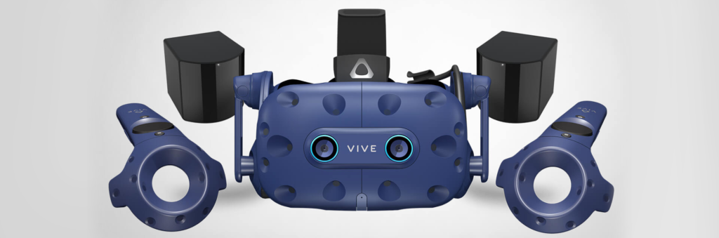 Casque HTC VIVE PRO EYE et l'ensemble de ses accessoires indispensables à son utilisation.